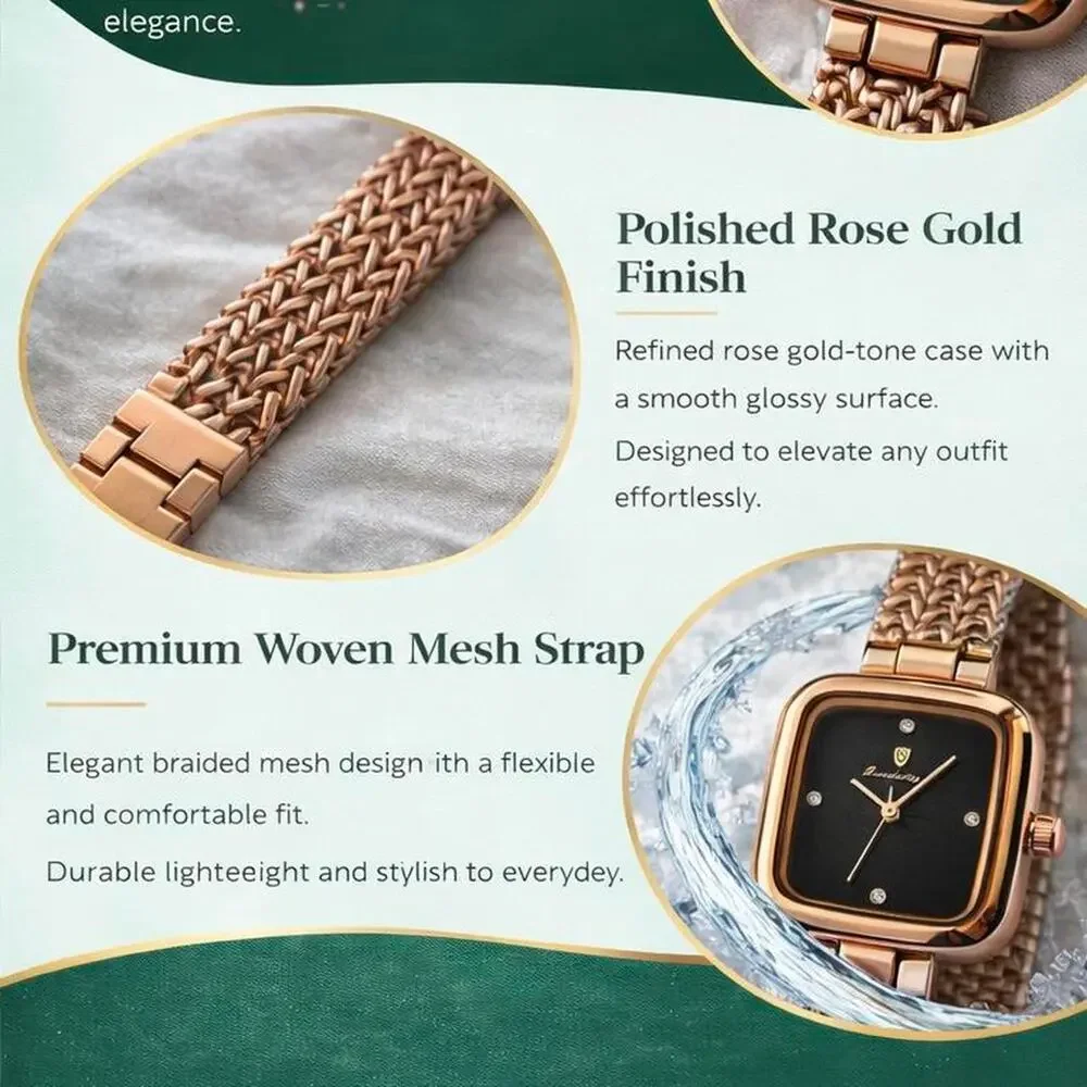 Women’s Rose Gold Square Watch Black Dial Luxury Mesh Band Elegant Waterproof - Picture 5 of 5